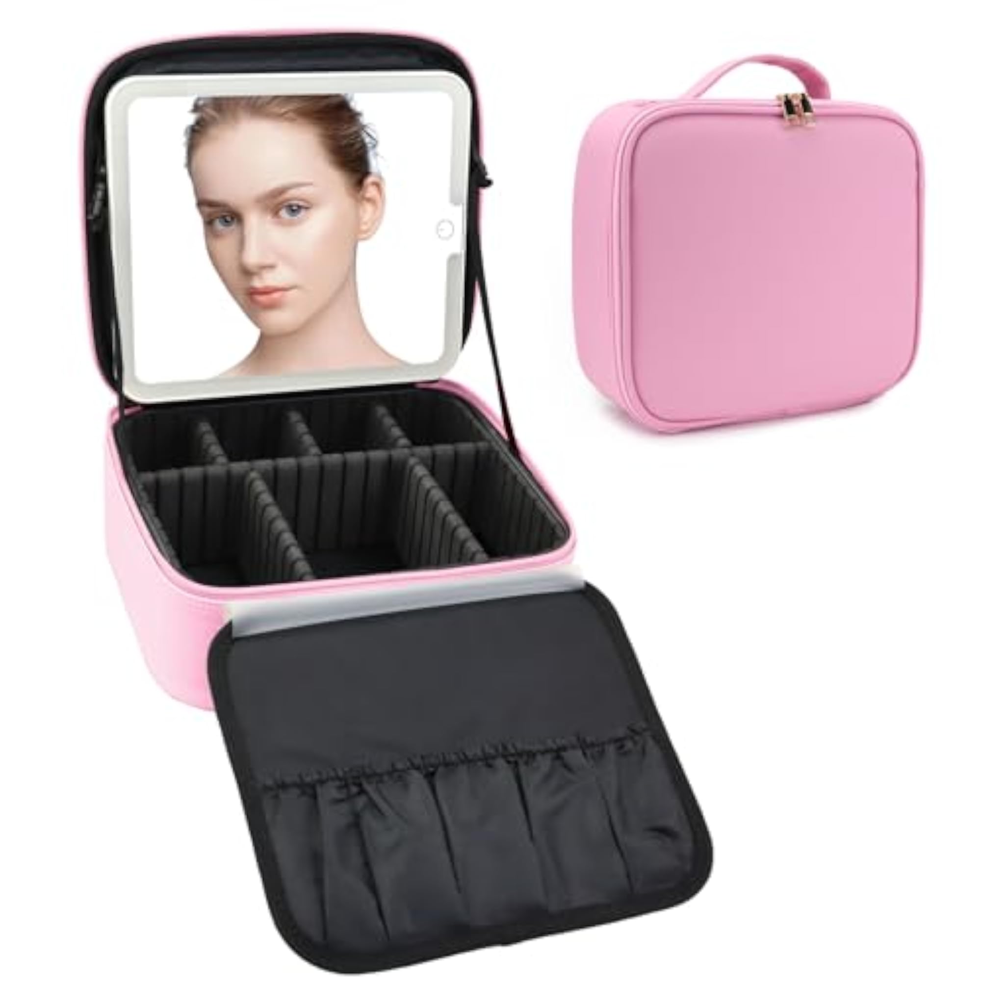 LED Mirror Travel Makeup Organizer with Adjustable Dividers